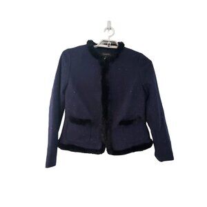 Talbots nwt blazer 10 navy multi colored fleck black faux fur trim wool blend